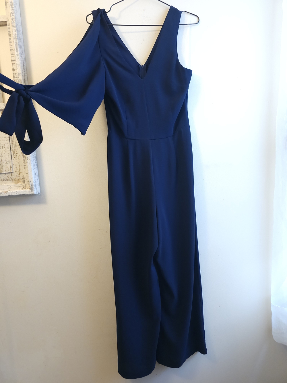 Speechless Navy One-Shoulder Jumpsuit with Tie Sleeve